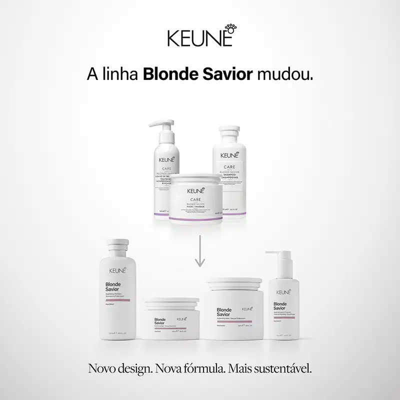 Produtos da linha Blonde Savior da Keune: shampoo, máscara e tratamento leave-in para cabelos loiros. Embalagens brancas com detalhes em roxo, destacando os benefícios de brilho, reparação e fortalecimento.