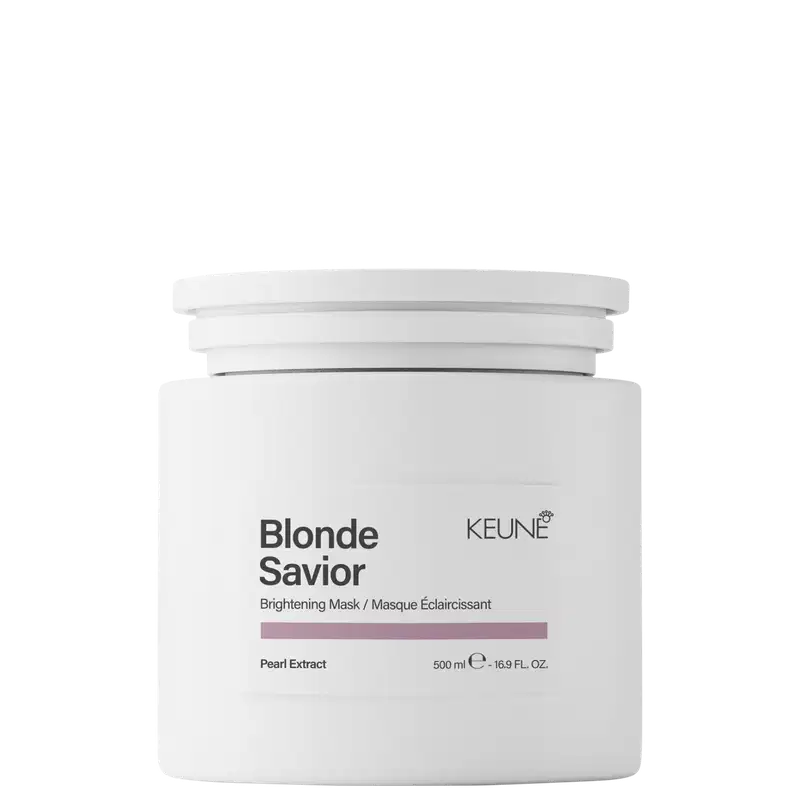 Frasco branco de máscara capilar Blonde Savior da marca Keune, com rótulo preto e cinza, contendo 500 ml do produto. Destaca-se o extrato de pérola como ingrediente.