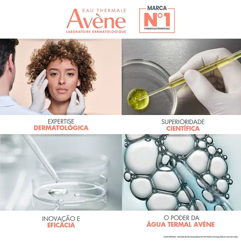 Laboratoire dermatologique. Marca nº1 farmácias francesas. Expertise dermatológica, superioridade científica, inovação e eficácia, o poder do sérum Avène.