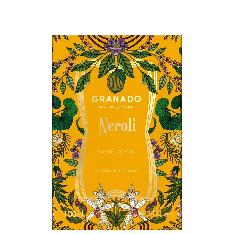 Embalagem em tons de amarelo e verde, contendo ilustrações florais. O rótulo apresenta o nome do produto e da marca em destaque.
