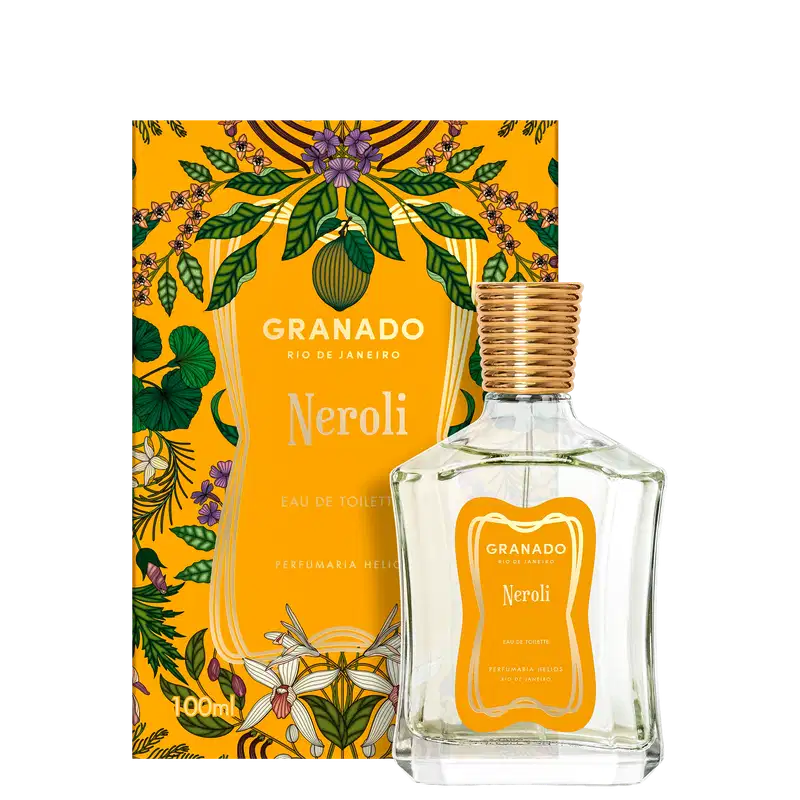 Frasco de perfume Neroli da marca Granado, com embalagem em tons de amarelo e verde, contendo ilustrações florais. O rótulo apresenta o nome do produto e da marca em destaque.
