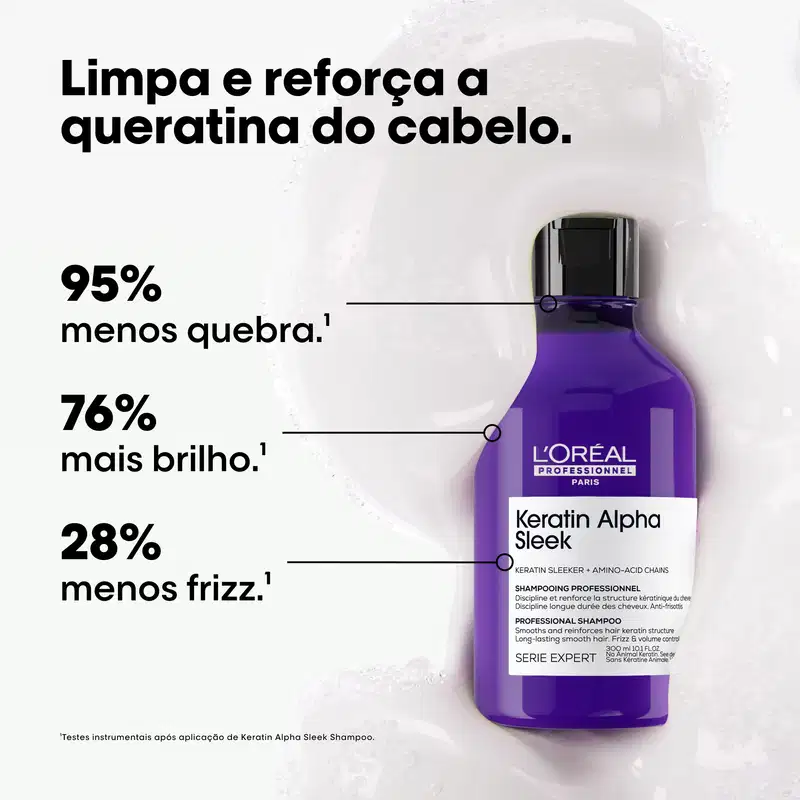 Limpa e reforça a queratina do cabelo. 95% menos quebra.1 76% mais brilho.1 28% menos frizz.1 Keratin Alpha Sleek Shampoo da L'Oréal Professionnel Paris.
