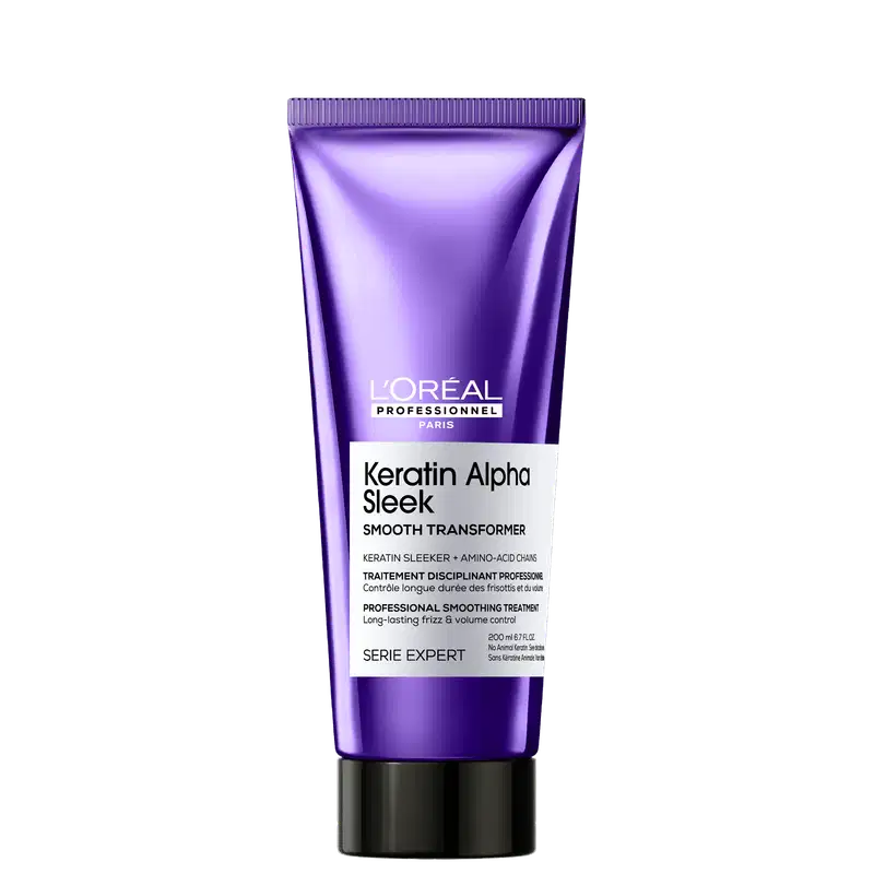 Tubo de tratamento alisador de cabelos da L'Oréal Professionnel, da linha Keratin Alpha Sleek, com embalagem roxa e branca, apresentando informações sobre o produto.