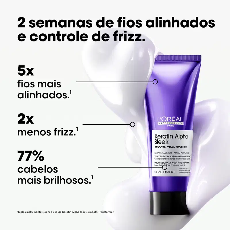 2 semanas de fios alinhados e controle de frizz. 5x fios mais alinhados.1 2x menos frizz.1 77% cabelos mais brilhosos.1 Keratin Alpha Sleek Smooth Transformer, L'Oréal Professionnel Paris.