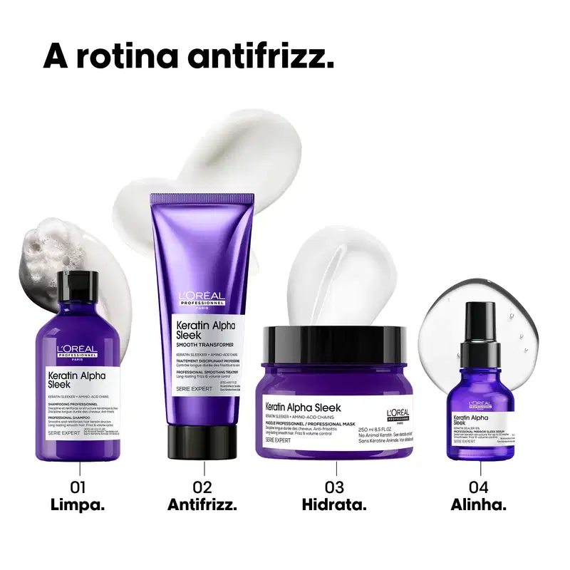 Ambiente com produtos L'Oréal Professionnel, com foco em uma linha de tratamento capilar Keratin Alpha Sleek, apresentando embalagens em tons de roxo e branco, sugerindo rotina de cuidados, passo 1 limpa, passo 2 antifrizz,  passp 3 hidrata e 4 alinha.