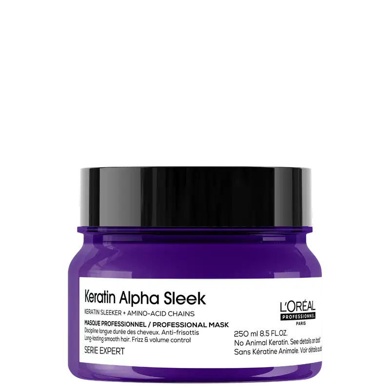 Frasco de máscara capilar profissional Keratin Alpha Sleek da L'Oréal Paris, com 250 ml de volume, em embalagem de vidro de cor roxa brilhante e tampa preta.