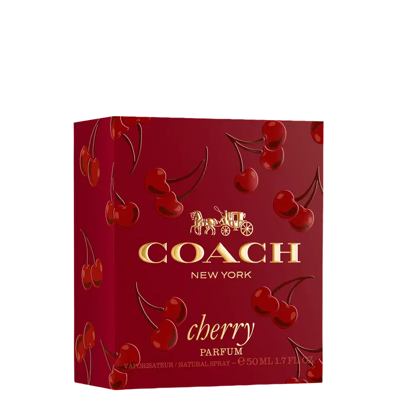 Caixa vermelha com logotipo dourado da Coach e imagens de cerejas, contendo um frasco de perfume Coach Cherry de 50 ml.