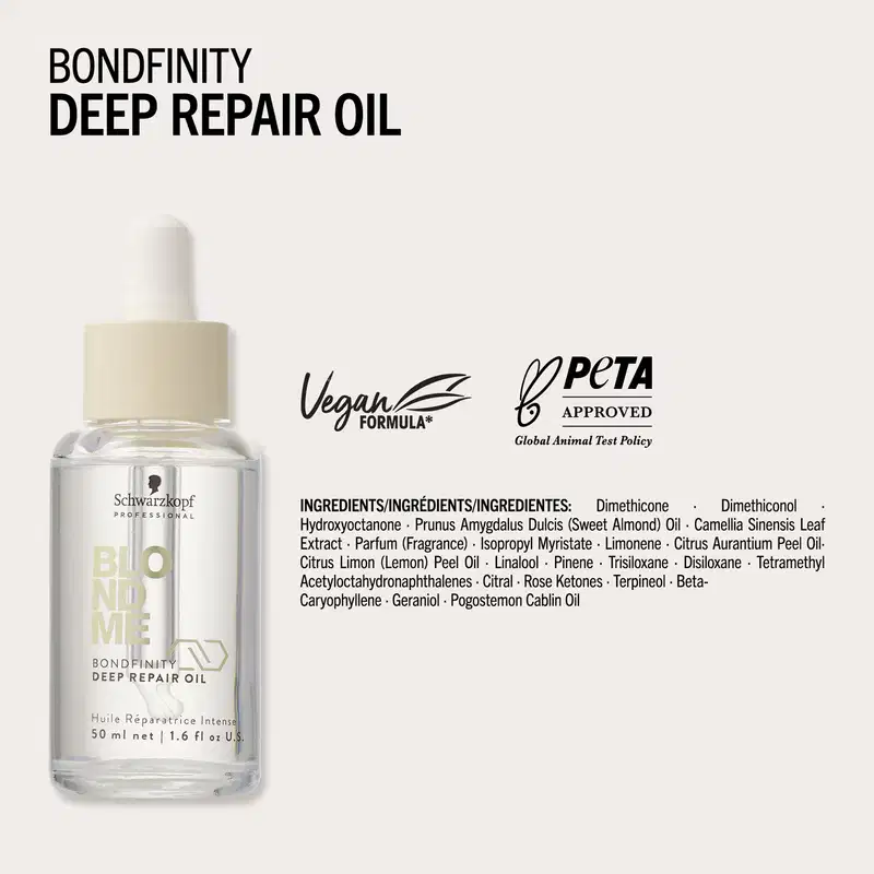 O produto de beleza Bondfinity Deep Repair Oil da marca Schwarzkopf Professional é apresentado em um ambiente minimalista e clean, com fundo branco e detalhes em preto e amarelo, destacando sua fórmula vegana e aprovação da PETA.