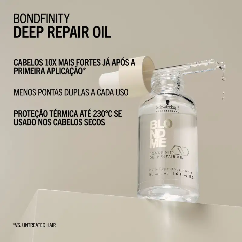 BONDFINITY DEEP REPAIR OIL
CABELOS 10X MAIS FORTES JÁ APÓS A PRIMEIRA APLICAÇÃO*
MENOS PONTAS DUPLAS A CADA USO
PROTEÇÃO TÉRMICA ATÉ 230°C SE USADO NOS CABELOS SECOS