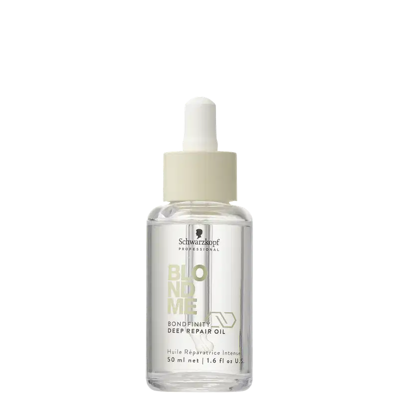 Frasco transparente com conta-gotas contendo óleo reparador profundo da linha Bondfinity da Schwarzkopf Professional, com 50ml
