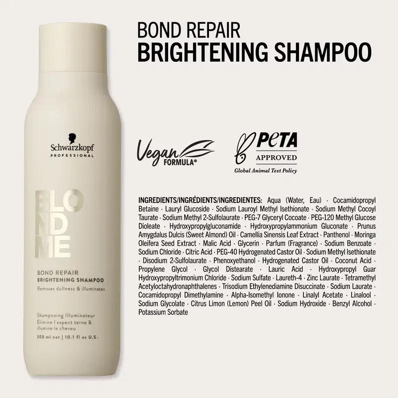 O produto de beleza da marca Schwarzkopf Professional é um shampoo reparador e clareador, com fórmula vegana e aprovação da PETA. O produto é apresentado em uma embalagem branca e neutra, destacando os principais benefícios e ingredientes.