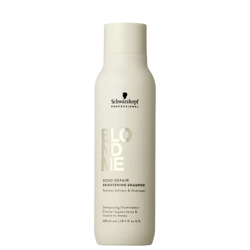 Frasco branco de shampoo Schwarzkopf Professional Blond Me Bond Repair Brightening 300ml, com rótulo preto destacando o nome do produto e sua função de reparar e iluminar os cabelos.