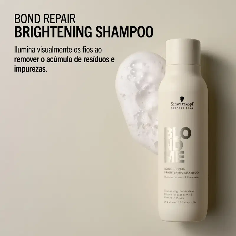 Bond repair brightening shampoo. Ilumina visualmente os fios ao remover o acúmulo de resíduos e impurezas.