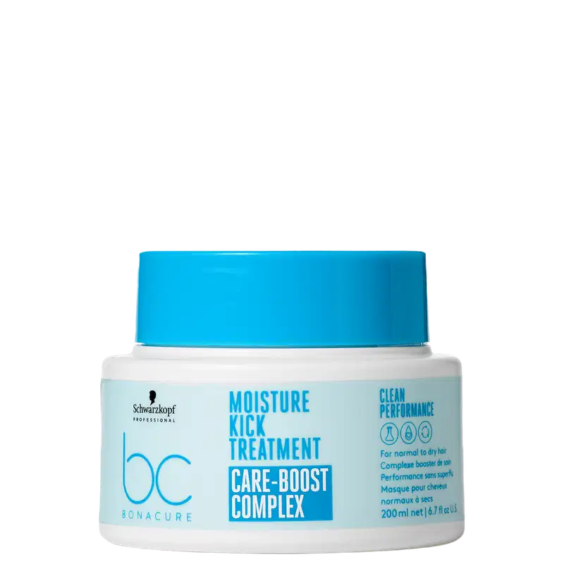 Máscara de hidratação de 200ml da linha Bonacure Moisture Kick da Schwarzkopf Professional, com tampa azul e rótulo branco destacando o nome "Moisture Kick Treatment" e "Care-Boost Complex".