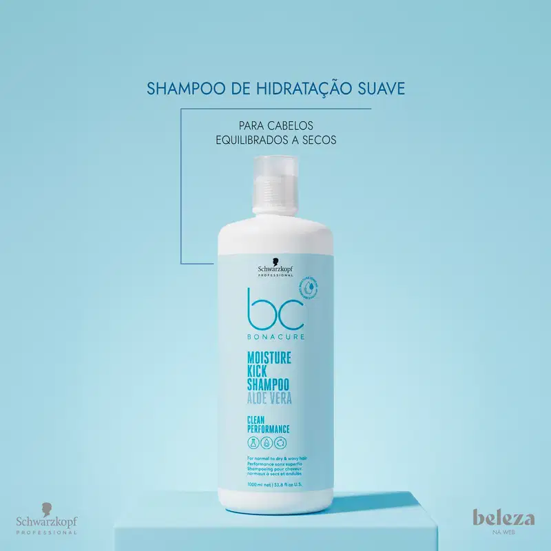 Frasco branco de shampoo da marca Schwarzkopf Professional, com rótulo azul claro contendo o texto "Moisture Kick Shampoo Aloe Vera" e informações sobre o produto para cabelos equilibrados e secos.