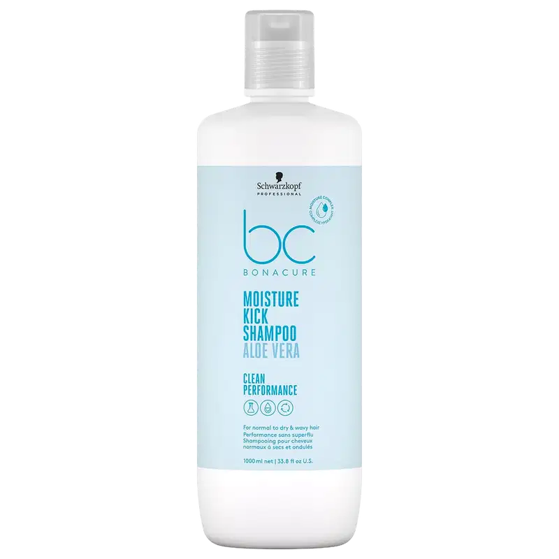 Frasco branco e azul claro da linha Bonacure da Schwarzkopf Professional, contendo Moisture Kick Shampoo com Aloe Vera, de 1 Litro