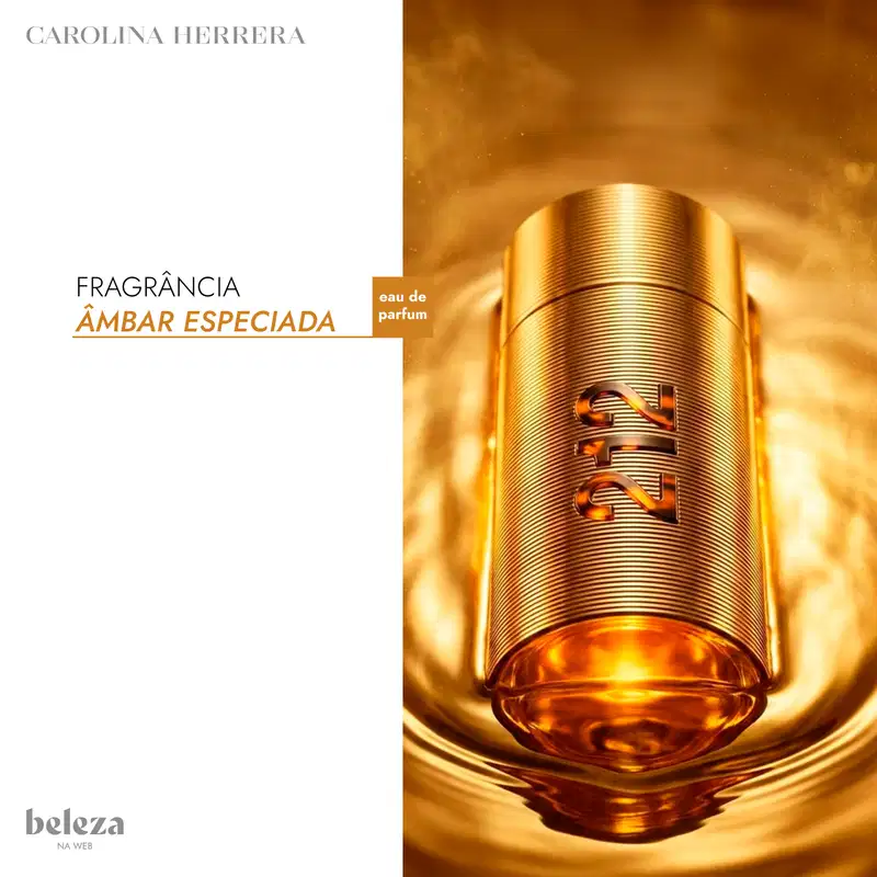 Frasco dourado de item de perfumaria da marca Carolina Herrera com a fragrância "Ambar Especiada" em destaque.