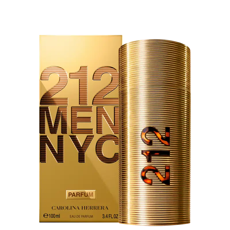 Frasco de perfume dourado da marca Carolina Herrera, com rótulo em dourado destacando o nome "212 MEN NYC" e o volume de 100ml. A embalagem possui um design elegante e sofisticado, com linhas e texturas que remetem a um estilo moderno e urbano.