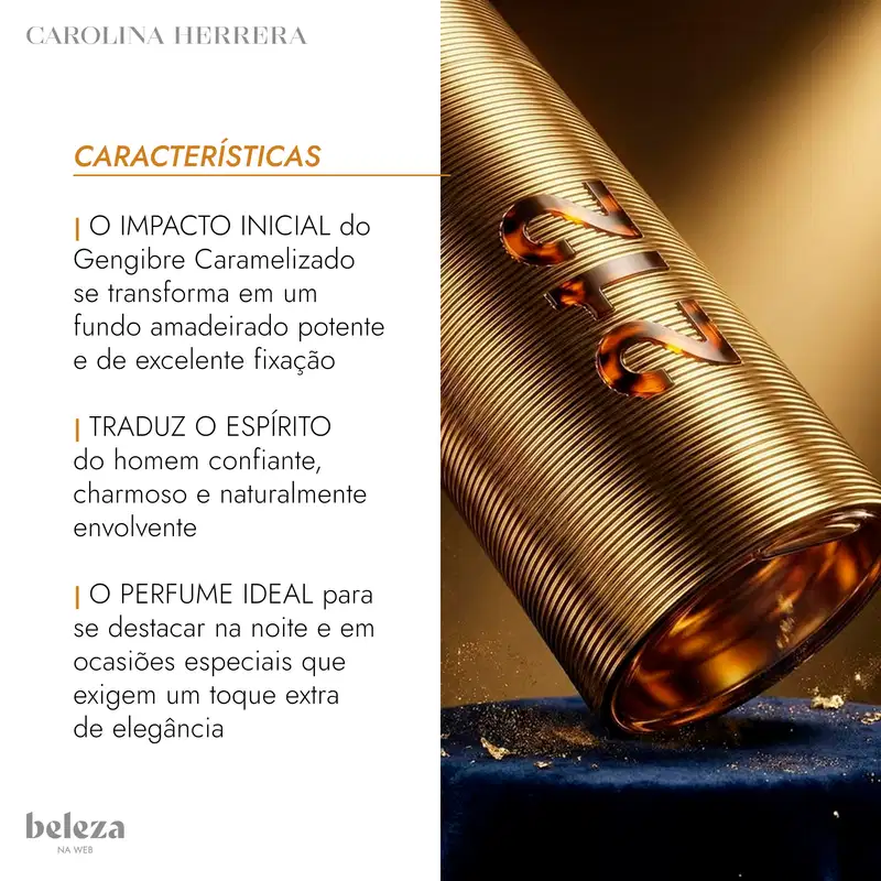 Frasco de item de perfumaria da marca Carolina Herrera com fundo dourado e textura ondulada, exibindo informações sobre as características do produto.