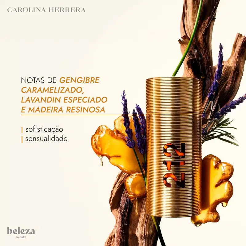Embalagem dourada com texto "NOTAS DE GENGIBRE CARAMELIZADO, LAVANDIN ESPECIADO E MADEIRA RESINOSA" e logotipo da marca Carolina Herrera, com flores de lavanda e gotas de mel.