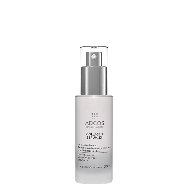 Frasco de sérum de colágeno 3X da marca Adcos, com embalagem branca e prata, contendo 30ml do produto. O rótulo destaca os benefícios, como aumento da firmeza, redução de rugas e luminosidade imediata.