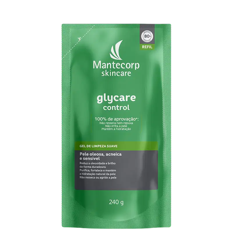 Refil de gel de limpeza suave Mantecorp Glycare Control 240g em embalagem verde com painel cinza, indicado para pele oleosa, acneica e sensível.