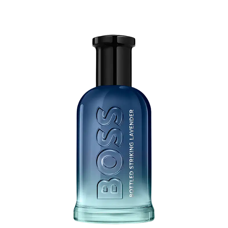 Frasco de item de perfumaria azul escuro com degradê para azul claro. O rótulo exibe o nome da marca "Boss" em letras brancas. O frasco possui formato cilíndrico com tampa preta.