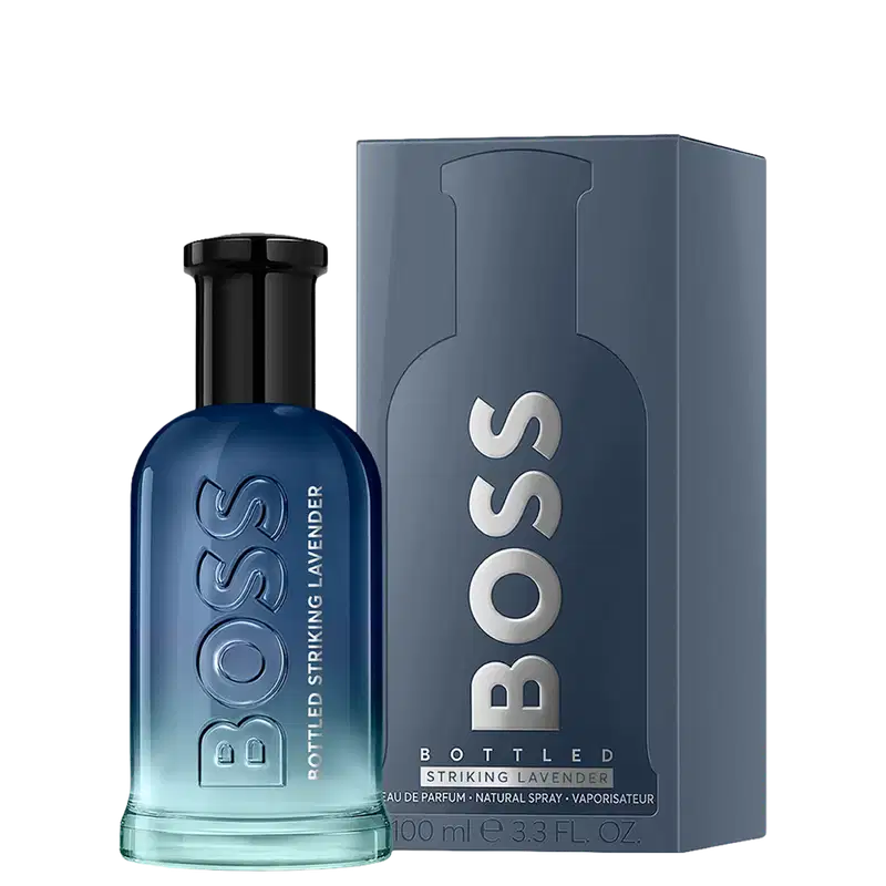 Frasco e caixa de item de perfumaria azul escuro com degradê para azul claro. O rótulo exibe o nome da marca "Boss" em letras brancas. O frasco possui formato cilíndrico com tampa preta.