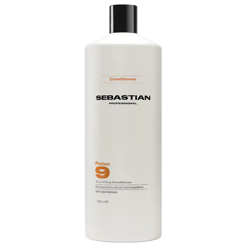 Frasco branco com rótulo preto da marca Sebastian Professional, contendo condicionador da linha Potion 9 para cabelos nutridos e maleáveis.