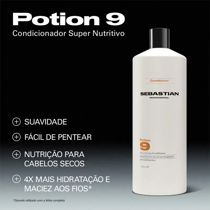  Sebastian Professional, com texto "Potion 9 Condicionador Super Nutritivo" e informações sobre benefícios do produto para cabelos secos.