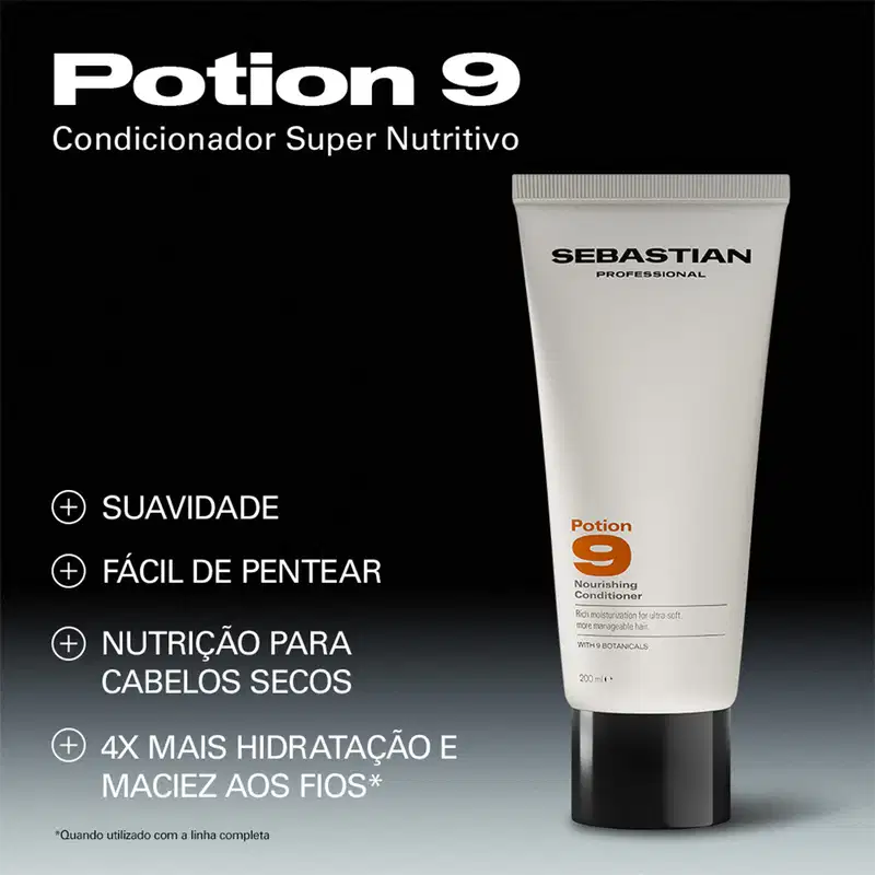  Sebastian Professional, com texto "Potion 9 Condicionador Super Nutritivo" e informações sobre benefícios do produto para cabelos secos.