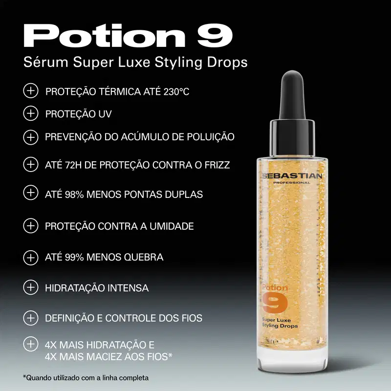 Frasco de vidro com conta-gotas contendo sérum para cabelos da marca Sebastian Professional, com texto "Potion 9 Sérum Super Luxe Styling Drops" e lista de benefícios como proteção térmica, UV, prevenção de poluição e frizz.
