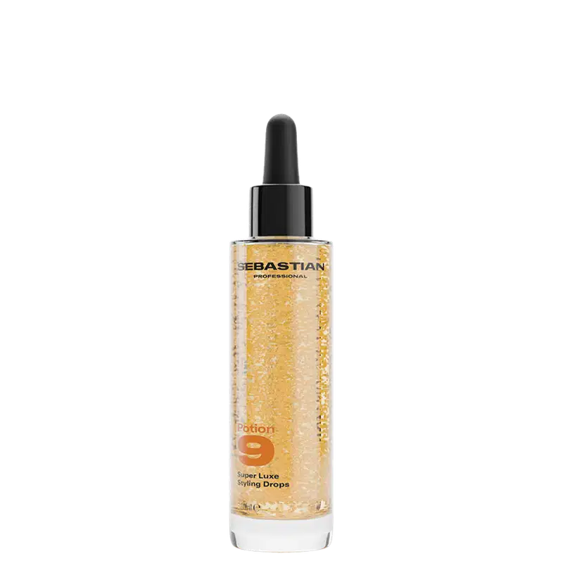 Frasco conta-gotas de Sebastian Professional, com líquido dourado brilhante e rótulo preto com texto em amarelo.