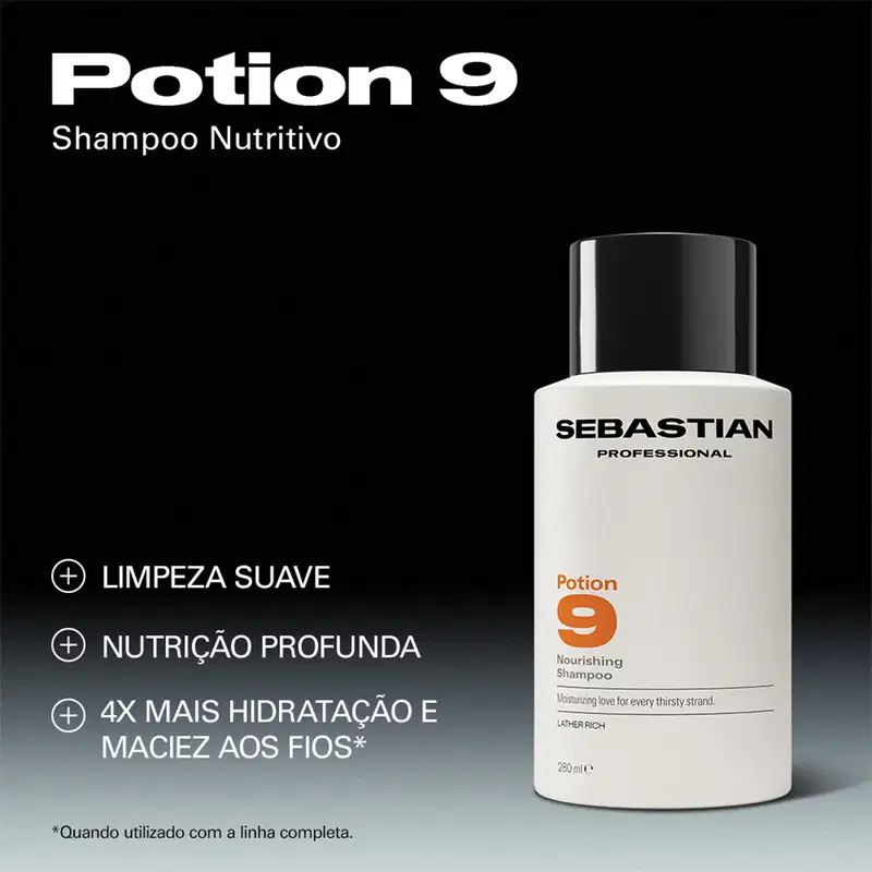 Frasco branco de shampoo da marca Sebastian Professional, com texto "Potion 9 Shampoo Nutritivo" e benefícios como limpeza suave, nutrição profunda e 4x mais hidratação.