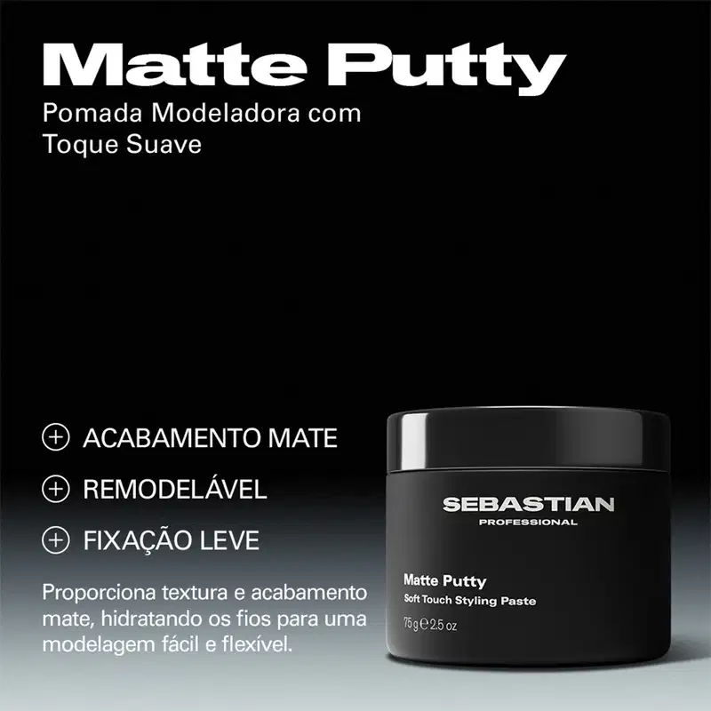 Pote preto com rótulo da marca Sebastian Professional contendo "Matte Putty" e informações sobre textura, acabamento e fixação de penteado.