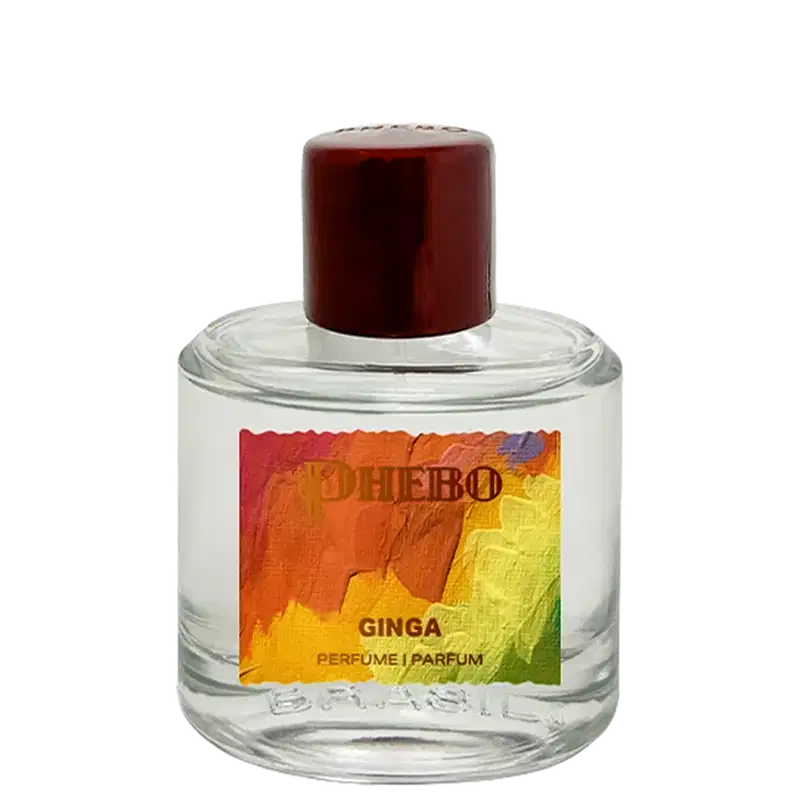 Frasco de item de perfumaria da marca Phebo, com rótulo em fundo colorido com pinceladas de verde, laranja e amarelo, contendo a palavra "Ginga" em destaque.
