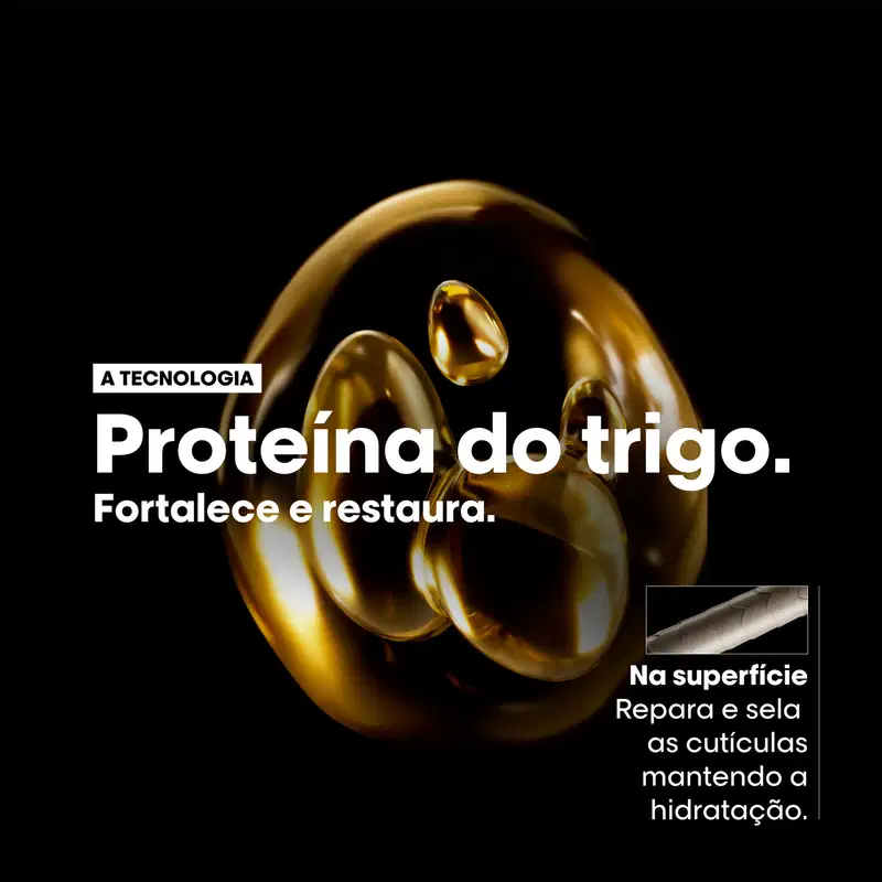Cápsulas douradas de óleo com texto "A tecnologia Proteína do trigo. Fortalece e restaura." e imagem de superfície que repara e sela cutículas mantendo a hidratação.