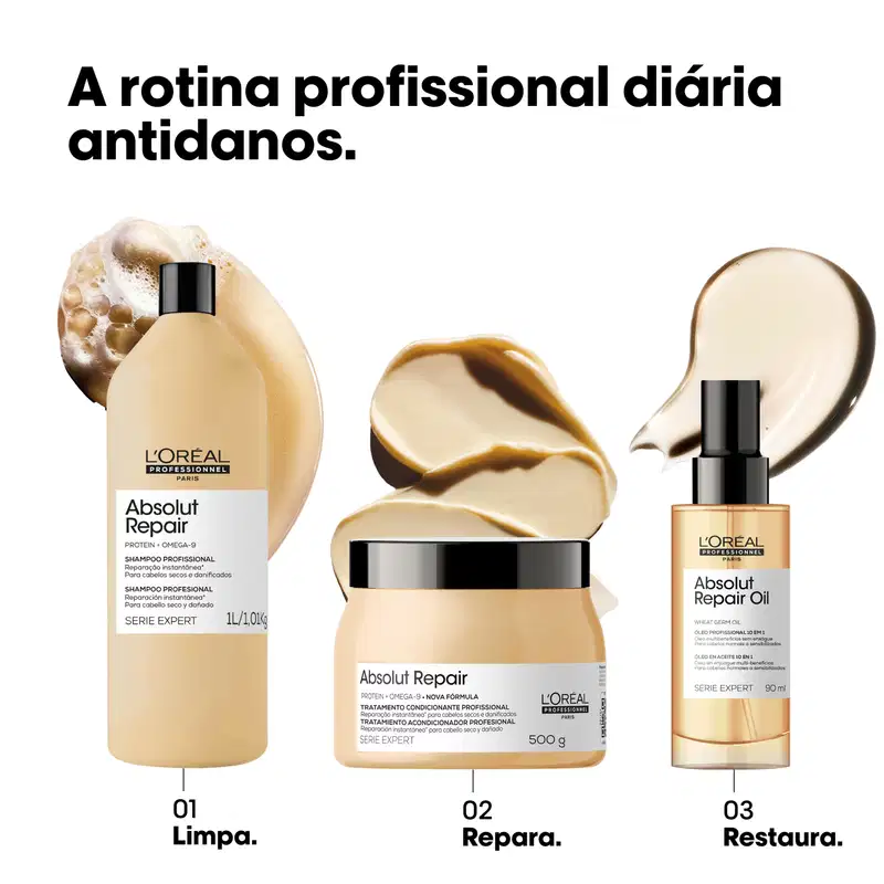 Três produtos da linha Absolut Repair da L'Oréal Professionnel: shampoo, tratamento condicionante e óleo capilar, com embalagens em tons dourados e pretos.
