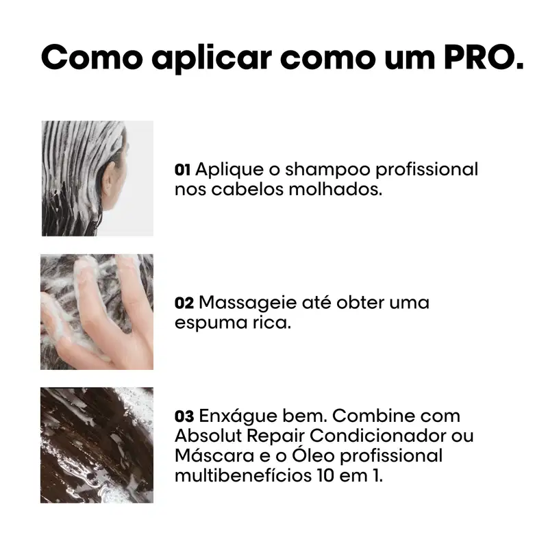 Imagem mostra instruções sobre como aplicar um produto profissional para cabelos molhados, incluindo aplicar shampoo, massagear até obter espuma rica e combinar com condicionador ou máscara de tratamento profissional.