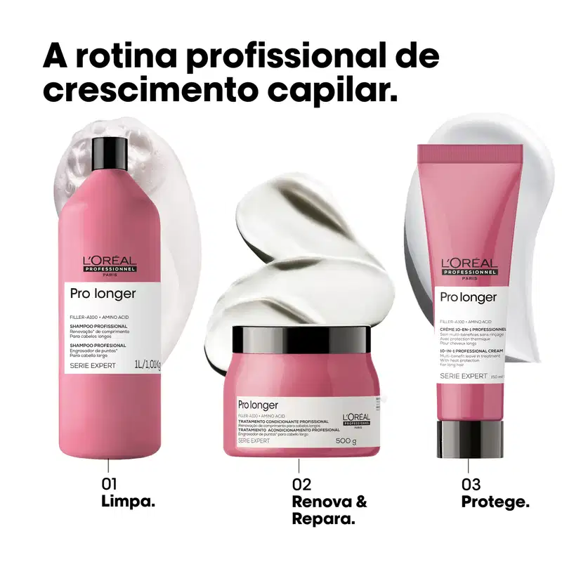 Linha de produtos L'Oréal Professionnel Pro Longer para crescimento capilar, com shampoo, tratamento condicionante e creme de tratamento profissional.