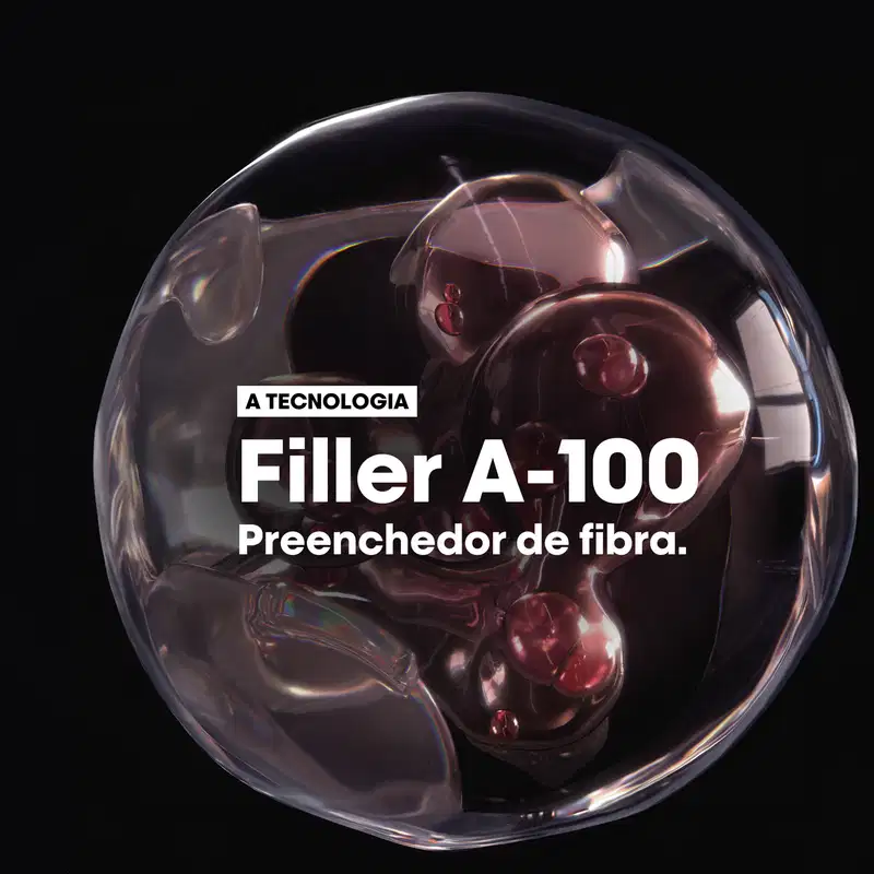 Recipiente esférico transparente contendo esferas de gel vermelho-escuro. Rótulo com texto "A TECNOLOGIA Filler A-100 Preenchedor de fibra."