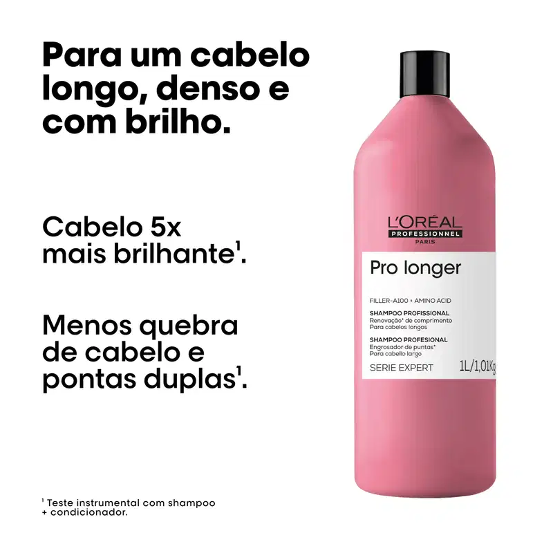 Embalagem rosa de item da marca L'Oréal Professionnel, com texto "Para um cabelo longo, denso e com brilho. Cabelo 5x mais brilhante. Menos quebra de cabelo e pontas duplas."