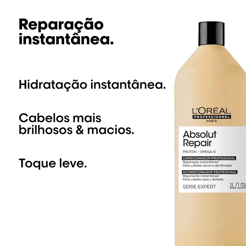 Embalagem da marca L'Oréal Professionnel, com texto "Absolut Repair", "Protein + Omega-9", "Condicionador Profissional Reparação Instantânea" e informações sobre o produto.