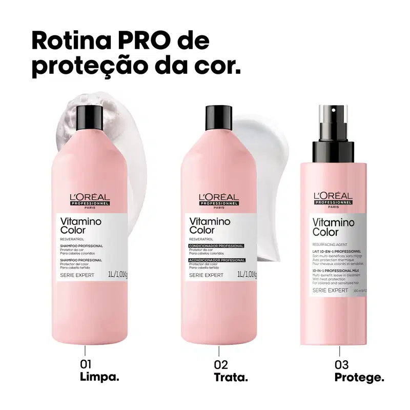 Três produtos da linha Vitamino Color da L'Oréal Professionnel: shampoo, condicionador e agente de resurfacing, com embalagens rosa e textos em português descrevendo os benefícios de proteção da cor para cabelos coloridos.