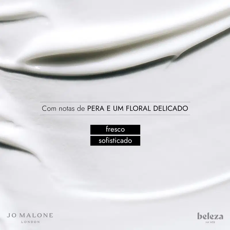 Embalagem de item de perfumaria com notas de pera e floral delicado, com opções de "fresco" e "sofisticado" visíveis.