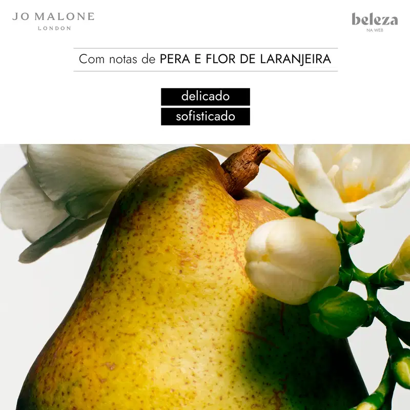 Uma pera amarela e uma flor branca em um fundo claro, com os textos "delicado" e "sofisticado" visíveis.