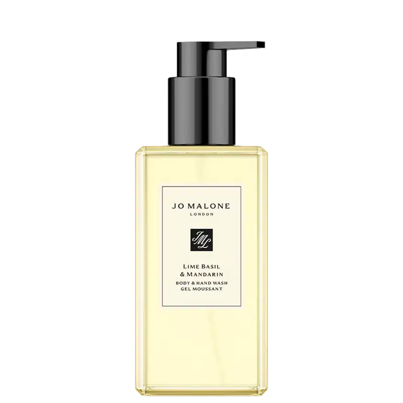 Frasco do Sabonete Líquido Body & Hand Wash Jo Malone London, na fragrância Lime Basil & Mandarin, com embalagem transparente e rótulo com o nome da marca.