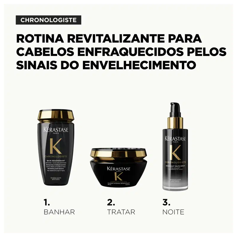 ROTINA REVITALIZANTE PARA CABELOS ENFRAQUECIDOS PELOS SINAIS DO ENVELHECIMENTO: 1. BANHAR 2 TRATAR 3 NOITE