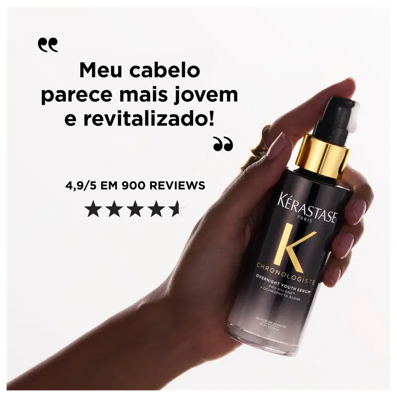 Texto na imagem: Meu cabelo parece mais jovem e revitalizado! 4,9/5 em 900 reviews