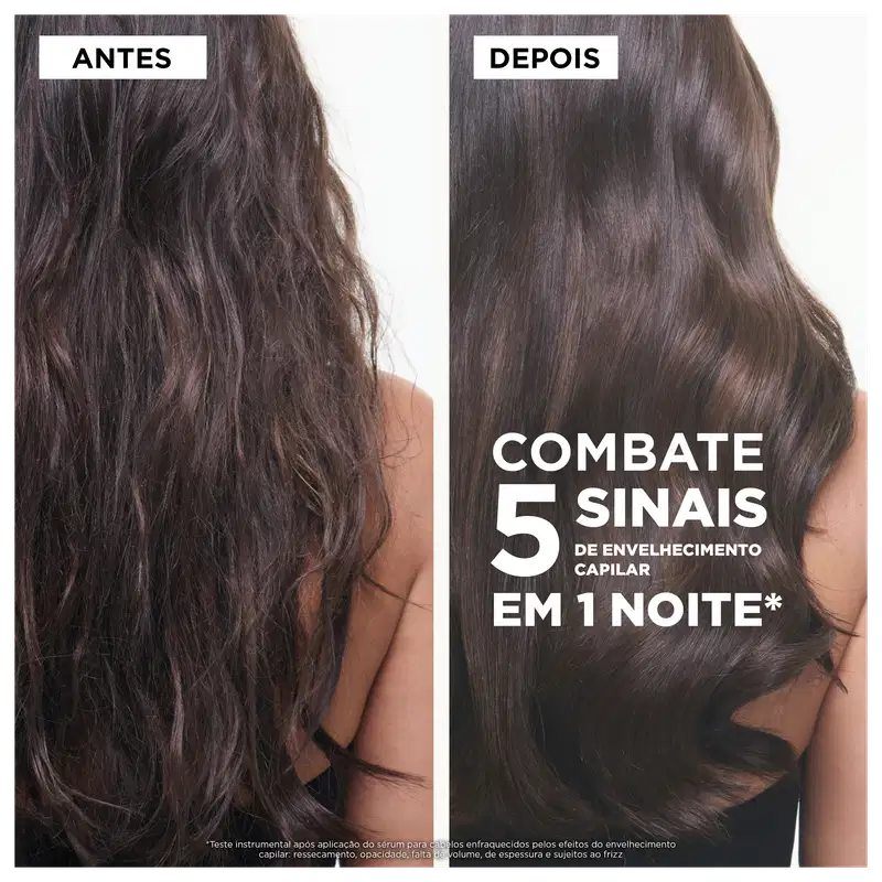A imagem apresenta um antes e depois do uso de um produto da marca Kérastase para combater 5 sinais de envelhecimento capilar em apenas 1 noite.